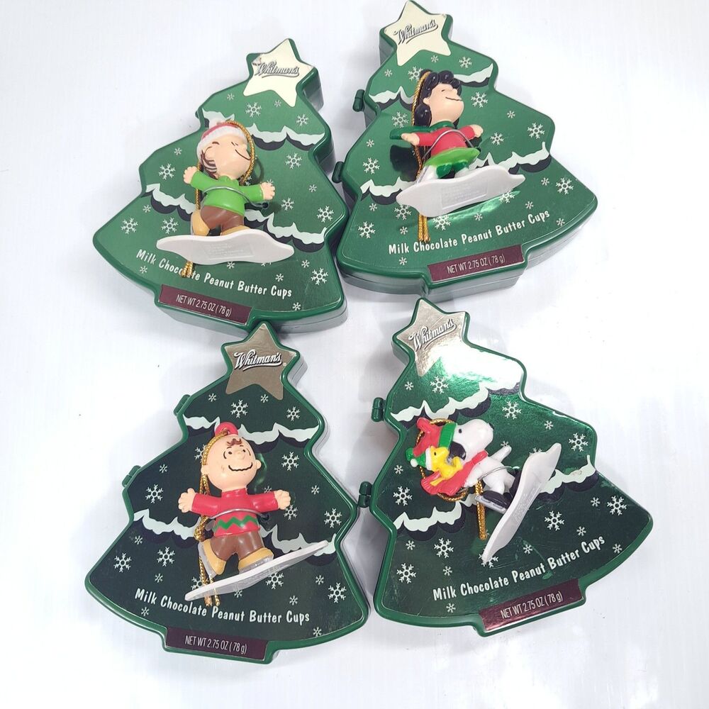 Whitman's Snoopy Peanuts tree candy box ornament set 4 Charlie Brown Lucy Linus